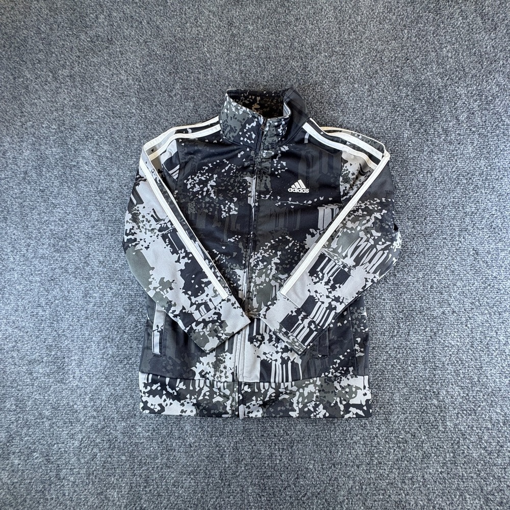 Adidas Track Jacket Boys 6 Black Gray Camo Logo Regular Fit Mock Neck Full Zip